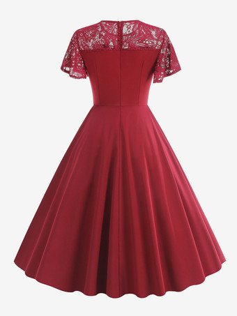 ヴィンテージドレス 1950年代 オードリー ヘップバーン スタイル ジュエルネック レース 半袖 ミディアム ダークグリーン スウィングドレス ワインレッド