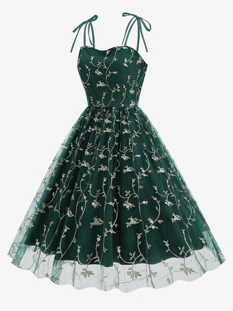 ダークグリーンヴィンテージドレス グレー 1950年代 オードリー ヘプバーン スタイル 刺繍 ノースリーブ ストラップ ネック ミディアム スイング ドレス