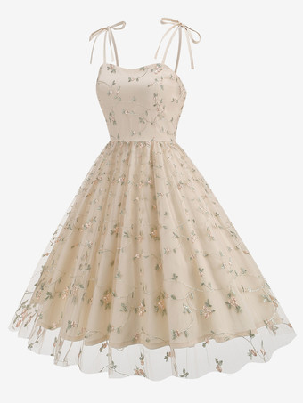 アプリコットヴィンテージドレス グレー 1950年代 オードリー ヘプバーン スタイル 刺繍 ノースリーブ ストラップ ネック ミディアム スイング ドレス