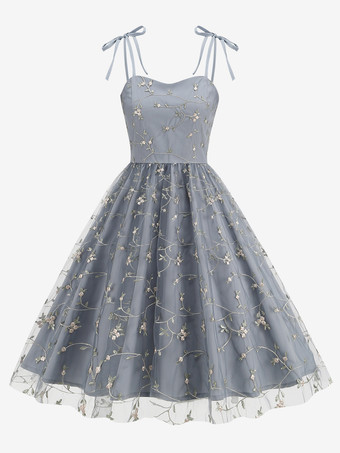 グレイヴィンテージドレス グレー 1950年代 オードリー ヘプバーン スタイル 刺繍 ノースリーブ ストラップ ネック ミディアム スイング ドレス