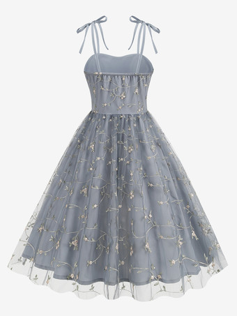 ヴィンテージドレス グレー 1950年代 オードリー ヘプバーン スタイル 刺繍 ノースリーブ ストラップ ネック ミディアム スイング ドレス