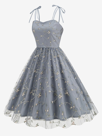 ヴィンテージドレス グレー 1950年代 オードリー ヘプバーン スタイル 刺繍 ノースリーブ ストラップ ネック ミディアム スイング ドレス