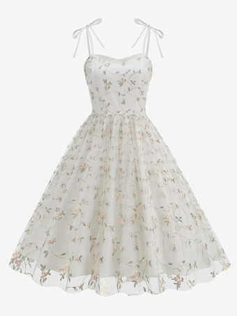 ホワイト ヴィンテージドレス グレー 1950年代 オードリー ヘプバーン スタイル 刺繍 ノースリーブ ストラップ ネック ミディアム スイング ドレス