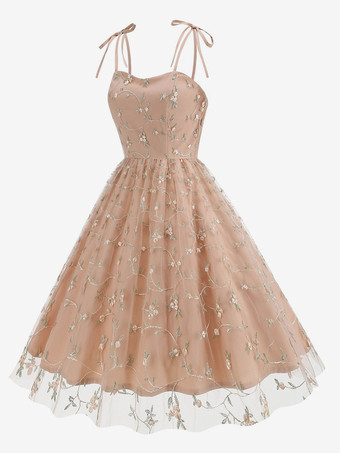 サーモンピンクヴィンテージドレス グレー 1950年代 オードリー ヘプバーン スタイル 刺繍 ノースリーブ ストラップ ネック ミディアム スイング ドレス