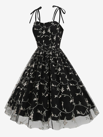 ブラック ヴィンテージドレス グレー 1950年代 オードリー ヘプバーン スタイル 刺繍 ノースリーブ ストラップ ネック ミディアム スイング ドレス