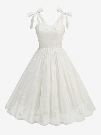 ホワイト ヴィンテージドレス 1950年代 オードリー ヘップバーン スタイル ストラップネック ノースリーブ ミディアム パープル ロカビリー ドレス