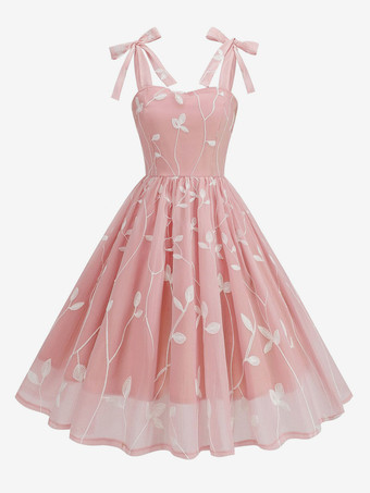 ピンクヴィンテージドレス 1950年代 オードリー ヘップバーン スタイル ストラップネック ノースリーブ ミディアム パープル ロカビリー ドレス