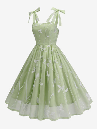 グリーン ヴィンテージドレス 1950年代 オードリー ヘップバーン スタイル ストラップネック ノースリーブ ミディアム パープル ロカビリー ドレス