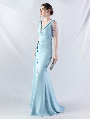 ライトスカイブルーパーティードレス グリーン Vネック スパンコール ノースリーブ ハイスリット セミフォーマルドレス