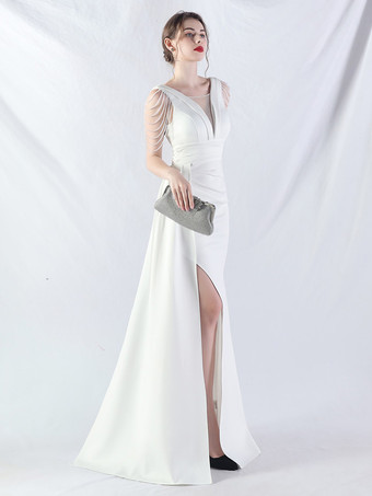 ホワイト パーティードレス グリーン Vネック スパンコール ノースリーブ ハイスリット セミフォーマルドレス