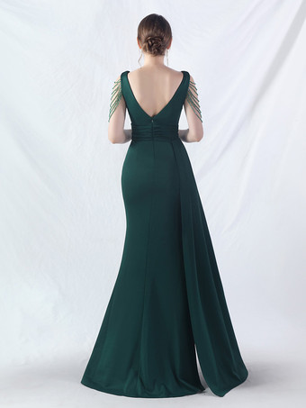 パーティードレス グリーン Vネック スパンコール ノースリーブ ハイスリット セミフォーマルドレス