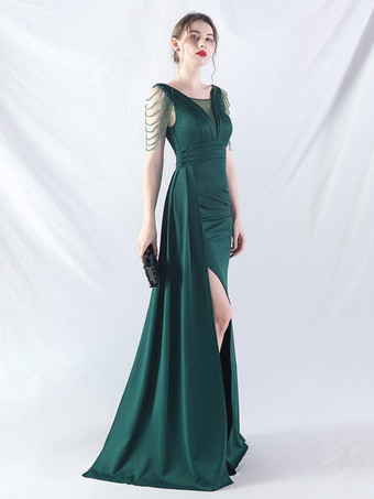 パーティードレス グリーン Vネック スパンコール ノースリーブ ハイスリット セミフォーマルドレス