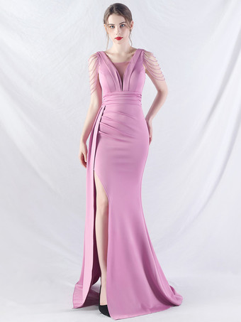 ラベンダーパーティードレス グリーン Vネック スパンコール ノースリーブ ハイスリット セミフォーマルドレス