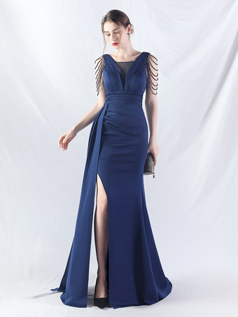 ダークネイビーパーティードレス グリーン Vネック スパンコール ノースリーブ ハイスリット セミフォーマルドレス