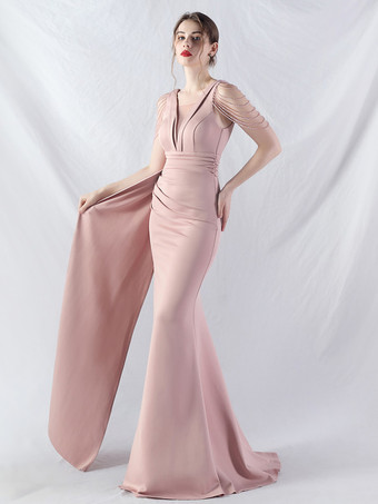 サーモンピンクパーティードレス グリーン Vネック スパンコール ノースリーブ ハイスリット セミフォーマルドレス