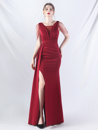 ワインレッド パーティードレス グリーン Vネック スパンコール ノースリーブ ハイスリット セミフォーマルドレス