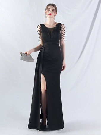 ブラック パーティードレス グリーン Vネック スパンコール ノースリーブ ハイスリット セミフォーマルドレス