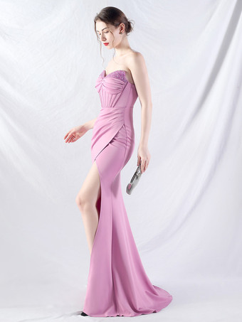 パーティードレス ラベンダー ストラップレス スパンコール ノースリーブ ハイスリット セミフォーマルドレス