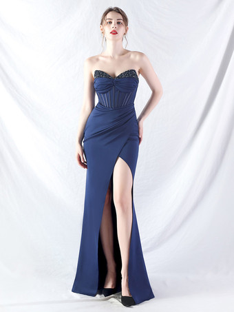 ダークネイビーパーティードレス ラベンダー ストラップレス スパンコール ノースリーブ ハイスリット セミフォーマルドレス