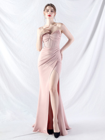 サーモンピンクパーティードレス ラベンダー ストラップレス スパンコール ノースリーブ ハイスリット セミフォーマルドレス