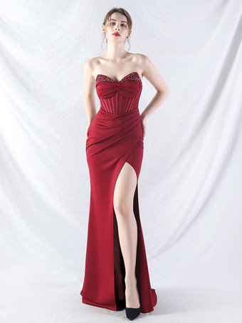 ワインレッド パーティードレス ラベンダー ストラップレス スパンコール ノースリーブ ハイスリット セミフォーマルドレス