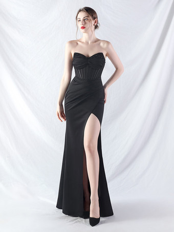 ブラック パーティードレス ラベンダー ストラップレス スパンコール ノースリーブ ハイスリット セミフォーマルドレス