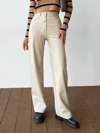 アイボリー パンツ ブラック ボタン PUレザー ズボン