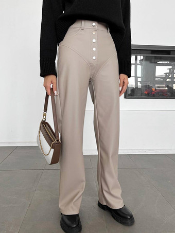 グレイパンツ ブラック ボタン PUレザー ズボン