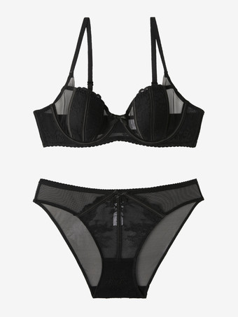ブラック 快適で通気性のあるブラジャーとパンティのセット ピンクのレースの2ピースのシックなランジェリー