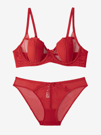 レッド 快適で通気性のあるブラジャーとパンティのセット ピンクのレースの2ピースのシックなランジェリー