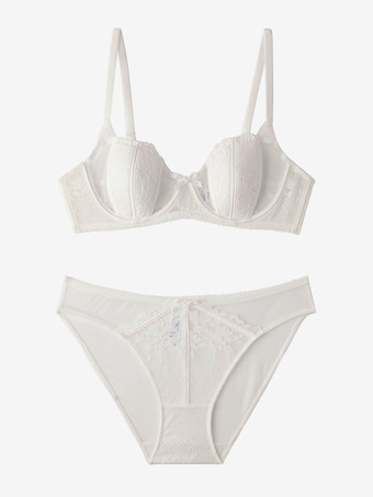 ホワイト 快適で通気性のあるブラジャーとパンティのセット ピンクのレースの2ピースのシックなランジェリー