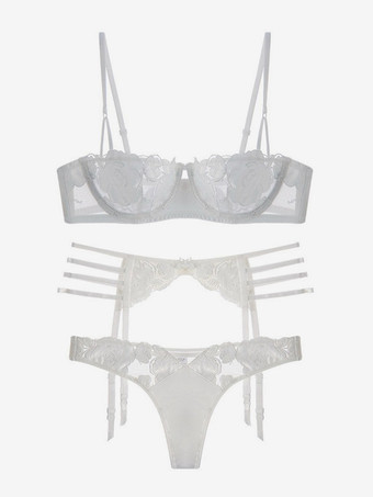 ホワイト フラワーレース ブラック ブラ パンティ セット ホワイト 3 ピース シック ガーターベルト ランジェリー