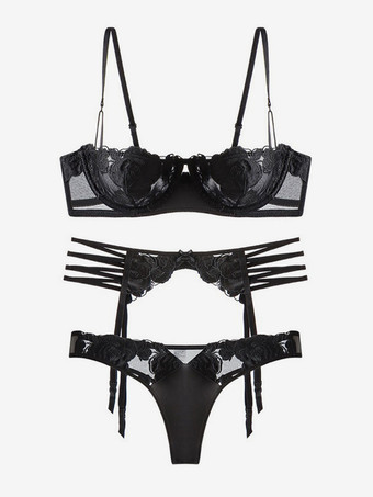 フラワーレース ブラック ブラ パンティ セット ホワイト 3 ピース シック ガーターベルト ランジェリー