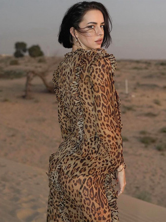 レディース カバーアップ ヒョウ柄 ヒョウ柄 フロントスリット Vネック 長袖 ハイスリット ポリエステル 夏 セクシー 水着