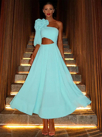 ライトスカイブルーパーティードレス ピンク ワンショルダー フラワー ハーフスリーブ セミフォーマルドレス