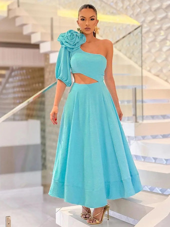 パーティードレス ピンク ワンショルダー フラワー ハーフスリーブ セミフォーマルドレス