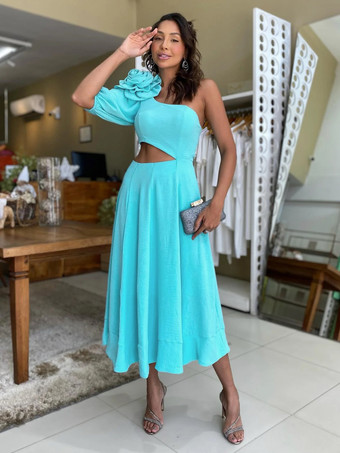 パーティードレス ピンク ワンショルダー フラワー ハーフスリーブ セミフォーマルドレス