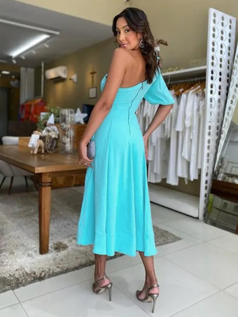 パーティードレス ピンク ワンショルダー フラワー ハーフスリーブ セミフォーマルドレス