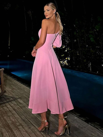 パーティードレス ピンク ワンショルダー フラワー ハーフスリーブ セミフォーマルドレス