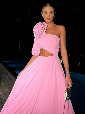 パーティードレス ピンク ワンショルダー フラワー ハーフスリーブ セミフォーマルドレス