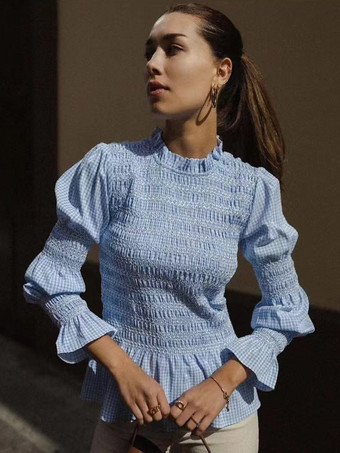 ライトスカイブルーレディースシャツ ライトスカイブルー ポリエステル ジュエルネック カジュアル チェック柄 プリーツ 長袖 トップス