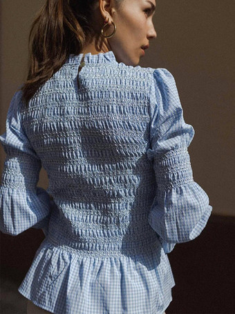 レディースシャツ ライトスカイブルー ポリエステル ジュエルネック カジュアル チェック柄 プリーツ 長袖 トップス