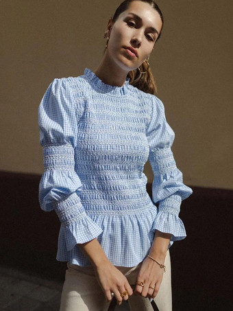 レディースシャツ ライトスカイブルー ポリエステル ジュエルネック カジュアル チェック柄 プリーツ 長袖 トップス