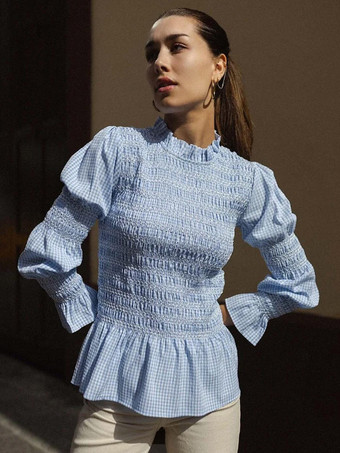 レディースシャツ ライトスカイブルー ポリエステル ジュエルネック カジュアル チェック柄 プリーツ 長袖 トップス