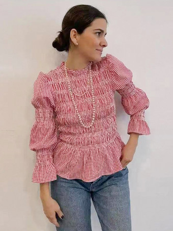 レッド レディースシャツ ライトスカイブルー ポリエステル ジュエルネック カジュアル チェック柄 プリーツ 長袖 トップス