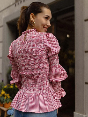 レディースシャツ ライトスカイブルー ポリエステル ジュエルネック カジュアル チェック柄 プリーツ 長袖 トップス