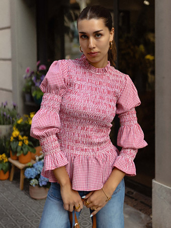 レディースシャツ ライトスカイブルー ポリエステル ジュエルネック カジュアル チェック柄 プリーツ 長袖 トップス