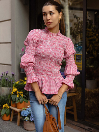 レディースシャツ ライトスカイブルー ポリエステル ジュエルネック カジュアル チェック柄 プリーツ 長袖 トップス