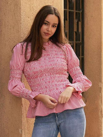 レディースシャツ ライトスカイブルー ポリエステル ジュエルネック カジュアル チェック柄 プリーツ 長袖 トップス