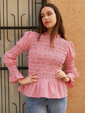 レディースシャツ ライトスカイブルー ポリエステル ジュエルネック カジュアル チェック柄 プリーツ 長袖 トップス